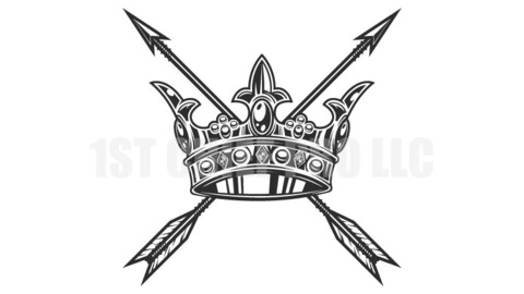 Vintage hunting arrow concept with royal crown in monochrome style vector illustration. Design element for label or sign and emblem