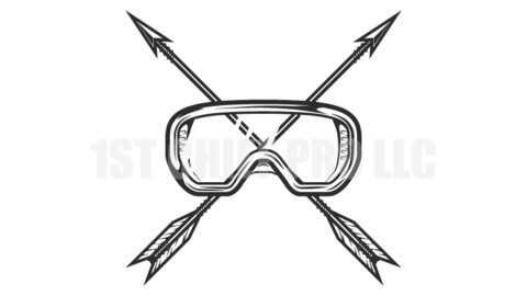 Vintage hunting arrow concept with safety glasses in monochrome style vector illustration. Design element for label or sign and emblem