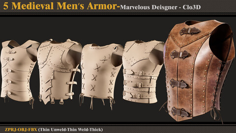 5 Medieval Men's Armor /Marvelous Designer-Clo3D (ZPRJ + FBX + OBJ)