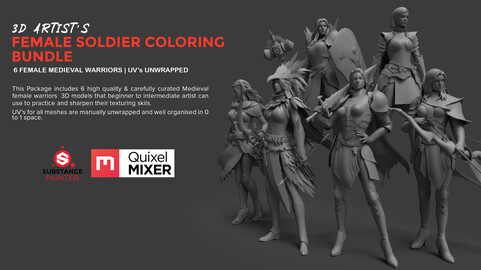 Medieval Female 3D Characters | 3D Artist Coloring Bundle series vol.2 | Substance