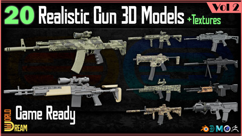 20 Realistic Gun 3D Models with Textures | Game Ready | Vol 2