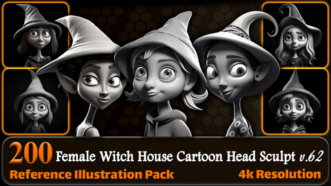 200 Female Witch House Cartoon Head Sculpt Reference Pack | 4K | v.62