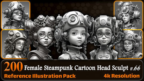 200 Female Steampunk Cartoon Head Sculpt Reference Pack | 4K | v.66