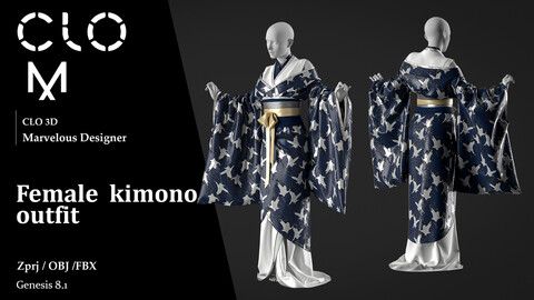 Female kimono  outfit / Marvelous Designer/Clo3D project file + OBJ