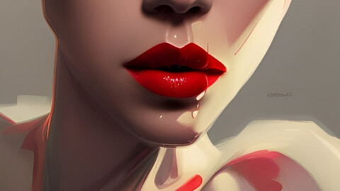 Woman's face with red lips and water drops