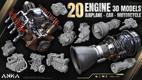 20 Engine 3D Models ( Airplane - Car - Motorcycle )