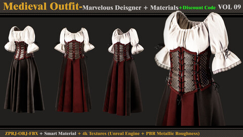 Medieval Outfit- MD/Clo3d + Smart Material + 4K Textures + OBJ + FBX (vol 9)+DISCOUNT CODE