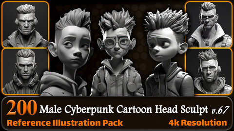 200 Male Cyberpunk Cartoon Head Sculpt Reference Pack | 4K | v.67