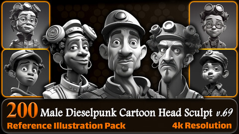 200 Male Dieselpunk Cartoon Head Sculpt Reference Pack | 4K | v.69