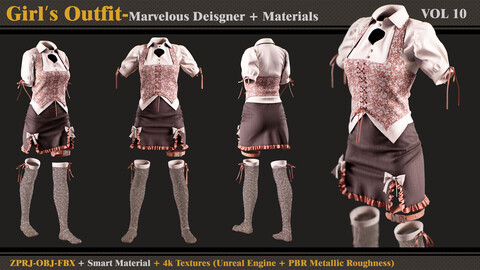 Girl's Outfit- MD/Clo3d + Smart Material + 4K Textures + OBJ + FBX (vol 10)