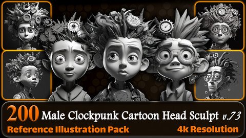200 Male Clockpunk Cartoon Head Sculpt Reference Pack | 4K | v.73