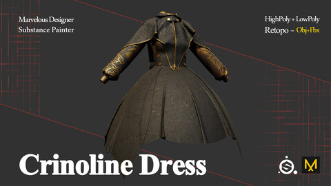 Crinoline Dress (Retopo) - Zprj+Obj+Fbx+spp - Highpoly+Lowpoly