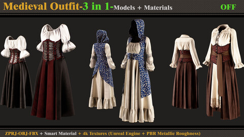 3 in 1 Gothic Dress- MD/Clo3d (OBJ + FBX +ZPRJ) + Smart Material + Textures(OFF)