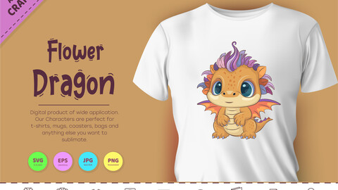 Flower cartoon dragon. Fantasy clipart.