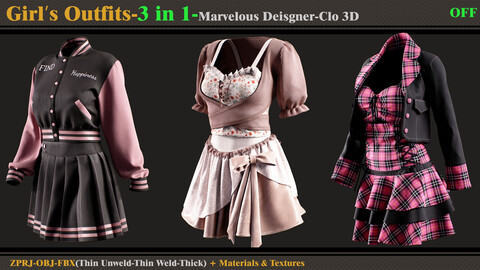 3 in 1 Girl's Outfits- MD/Clo3d (OBJ + FBX +ZPRJ)+Materials+Textures