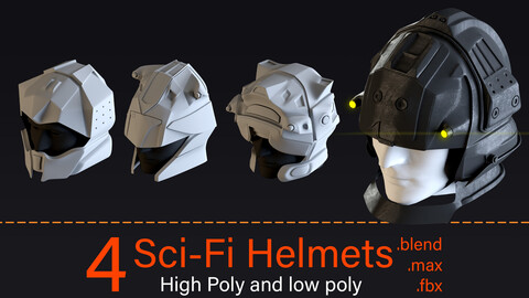 4 Sci-Fi Helmets-High poly and Low poly
