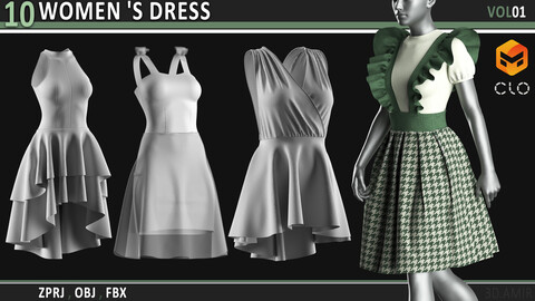 10 Women 's dress - VOL01 / Clo3d(MD) Project + OBJ + FBX