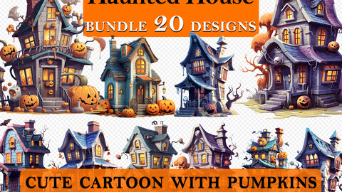 20 Cute Cartoon Haunted House with Pumpkins Clipart Bundle, Spooky House Graphics, Halloween Paper Craft, Halloween House Decor art, Halloween Printable Art, Wall Decor, Party Decorations, Commercial Use