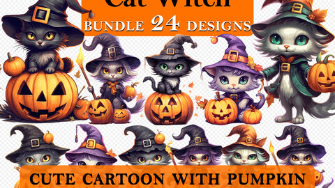 24 Cat Witch with Pumpkin Halloween Cute Cartoon Clipart Bundle, Spooky Witch Cat Graphics, Halloween Paper Craft, Witch Decor art, Halloween Printable Art, Wall Decor, Party Decorations, Commercial Use