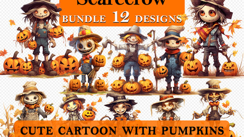 12 Scarecrow Boy Pumpkin Halloween Cute Cartoon Clipart Bundle, Spooky Scarecrow Graphics, Halloween Paper Craft, Pumpkin Decor art, Halloween Printable Art, Wall Decor, Party Decorations, Commercial Use