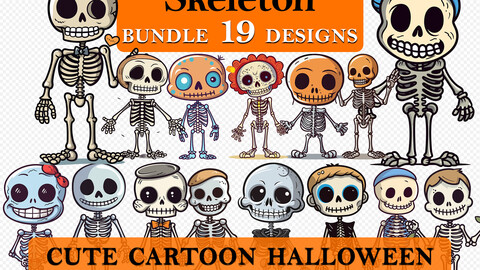 19 Skeleton Halloween Cute Cartoon Clipart Bundle, Spooky Skeleton Graphics, Halloween Paper Craft, Skeleton Decor art, Halloween Printable Art, Wall Decor, Party Decorations, Commercial Use