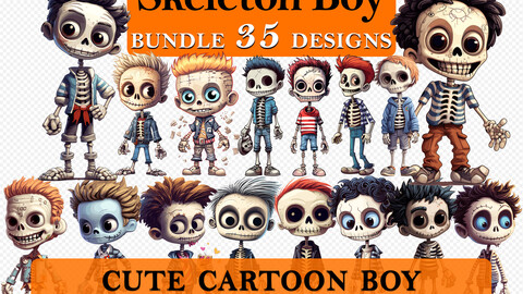 35 Skeleton Boy Halloween Cute Cartoon Clipart Bundle, Spooky Skeleton Graphics, Halloween Paper Craft, Skeleton Decor art, Halloween Printable Art, Wall Decor, Party Decorations, Commercial Use