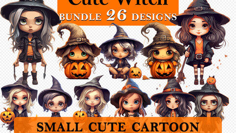 26 Cute Witch Halloween Cartoon Clipart Bundle, Spooky Witch Graphics, Halloween Paper Craft, Small Witch Decor art, Halloween Printable Art, Wall Decor, Party Decorations, Commercial Use