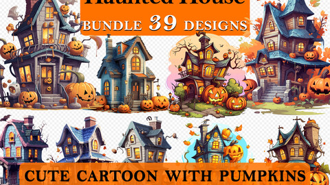 39 Haunted House with Pumpkin Halloween Cute Cartoon Clipart Bundle, Spooky House Graphics, Halloween Paper Craft, Pumpkin Decor art, Halloween Printable Art, Wall Decor, Party Decorations, Commercial Use, PNG SVG