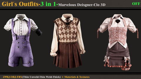 3 in 1 Girl's Outfits- MD/Clo3d (OBJ + FBX +ZPRJ)+Materials+Textures(vol4-OFF)