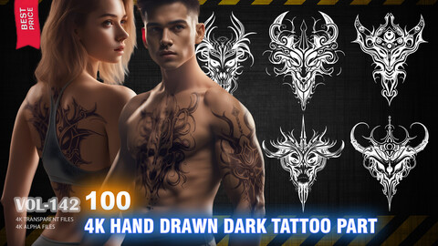 100 4K HAND DRAWN DARK TATTOO AND PRINT PARTS - HIGH END QUALITY RES - (TRANSPARENT & ALPHA ) - VOL142