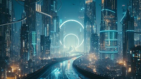 Digital art style background compositing fantasy world future