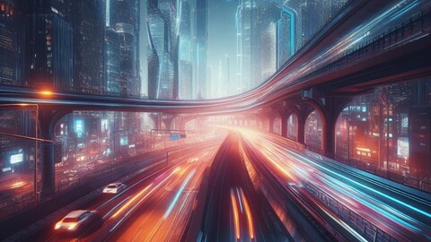 Digital art style background compositing fantasy world future freeway cars night