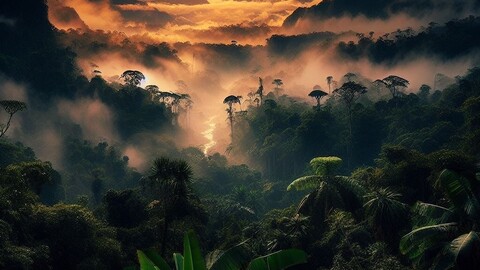 Digital art compositing forest amazonia dark light frog scenary landscape skyline 4k sunset