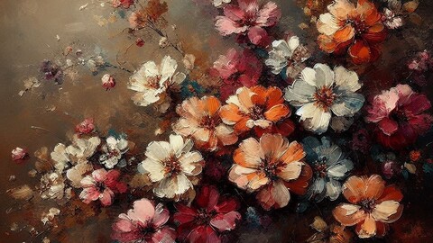 Digital art style painting in oil watercolor flowers flower set soft colours rusty old antique