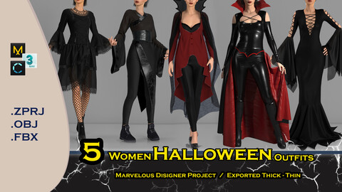 5 Halloween costumes for women  .ZPRJ/.OBJ/.FBX Marvelous Designer project