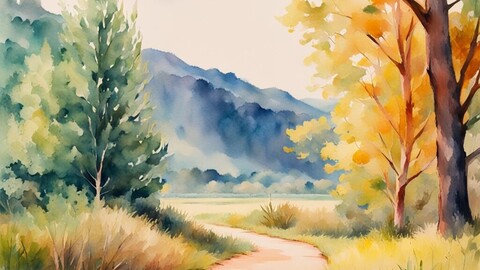 Digital art style in watercolor background lanscape mountains trees river clouds scenary