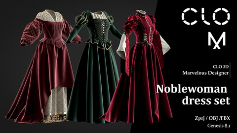 Noblewoman dress set / Marvelous Designer/Clo3D project file + OBJ