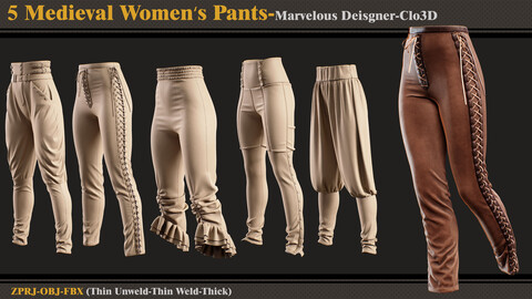 5 Medieval Women's Pants/Marvelous Designer-Clo3D(ZPRJ + FBX + OBJ)