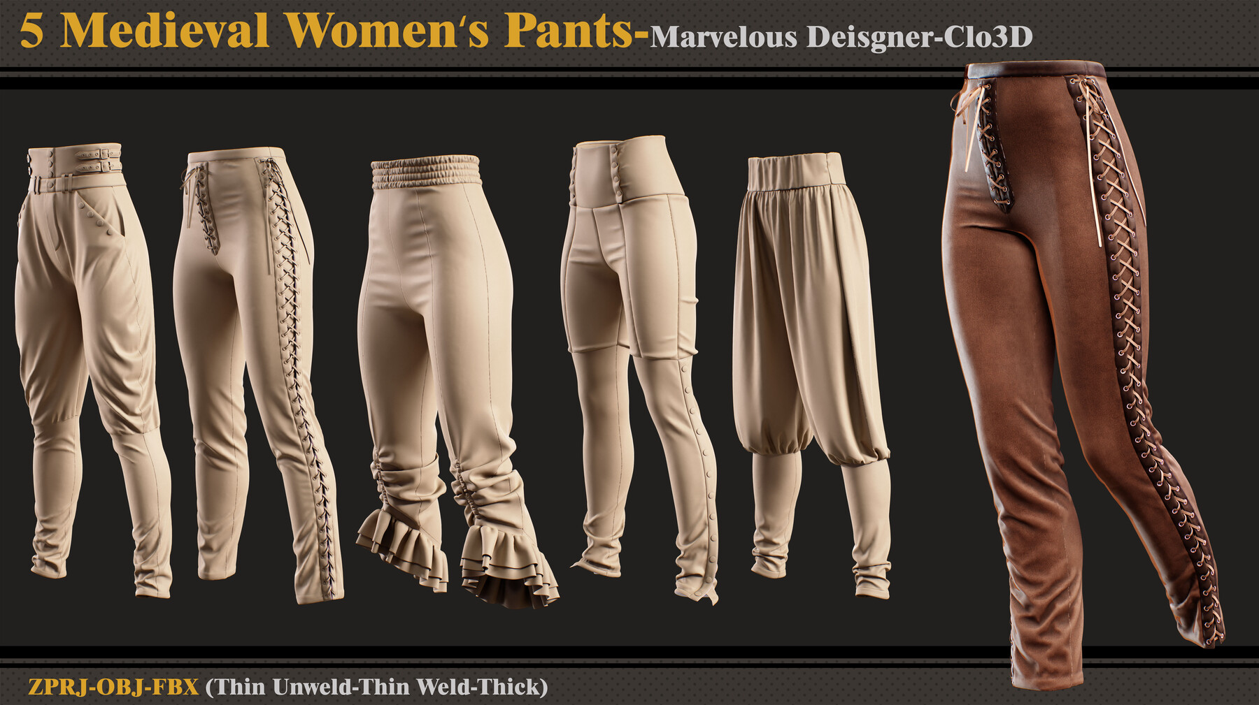 ArtStation - 5 Medieval Women's Pants/Marvelous Designer-Clo3D(ZPRJ + FBX +  OBJ)