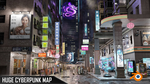 ULTRA Detailled Cyberpunk Nightmarket Scene - 3D Blender Files Textured - Sci-fi Asian City