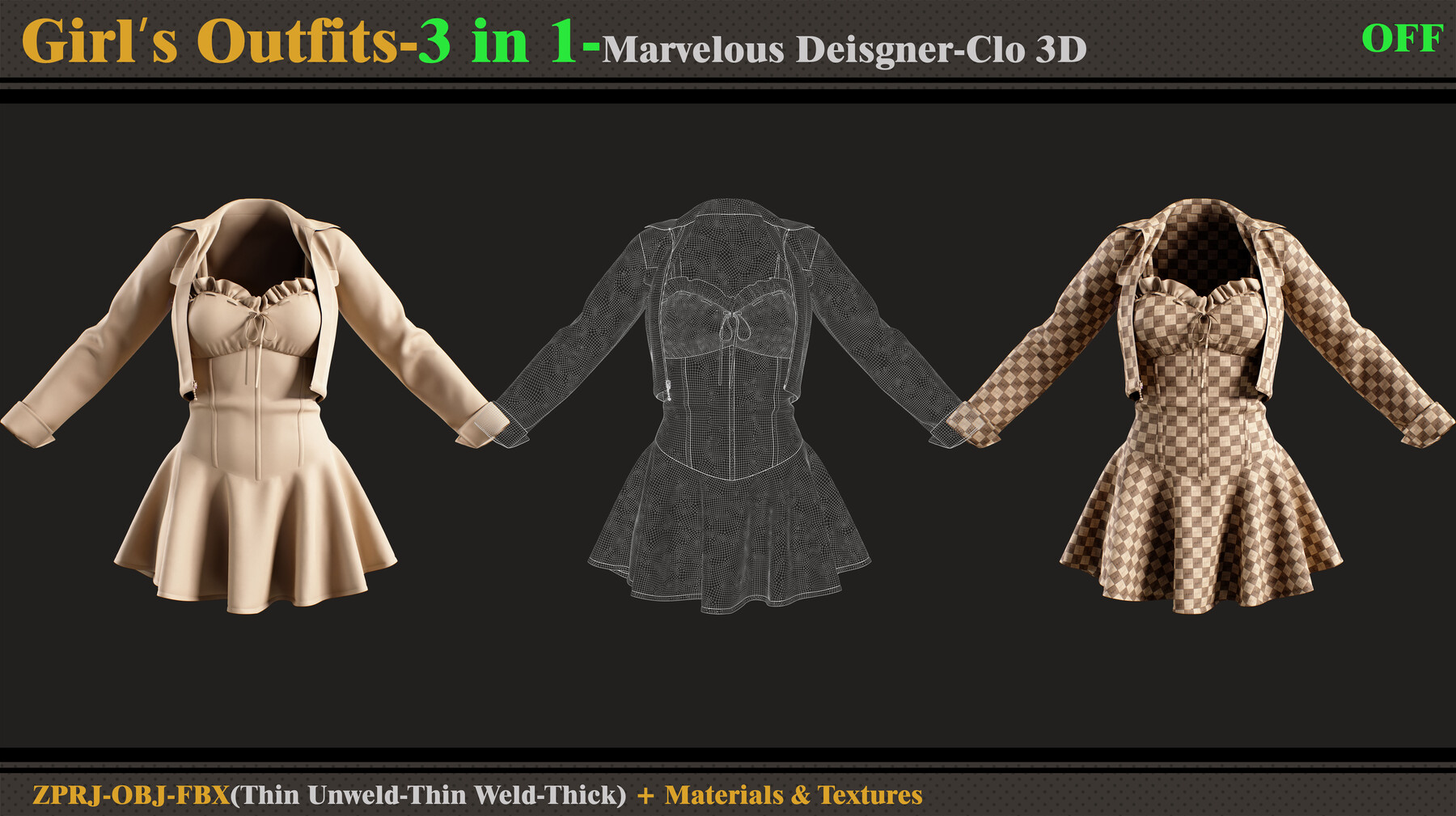 ArtStation - 3 in 1 Girl's Outfits- MD/Clo3d (OBJ + FBX +ZPRJ ...