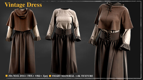 Vintage Dress 005 / Marvelous Designer / 4k Textures/Smart material / OBJ-FBX