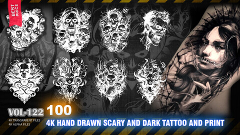 100 4K HAND DRAWN SCARY AND DARK TATTOO AND PRINT - HIGH END QUALITY RES - (TRANSPARENT & ALPHA ) - VOL122