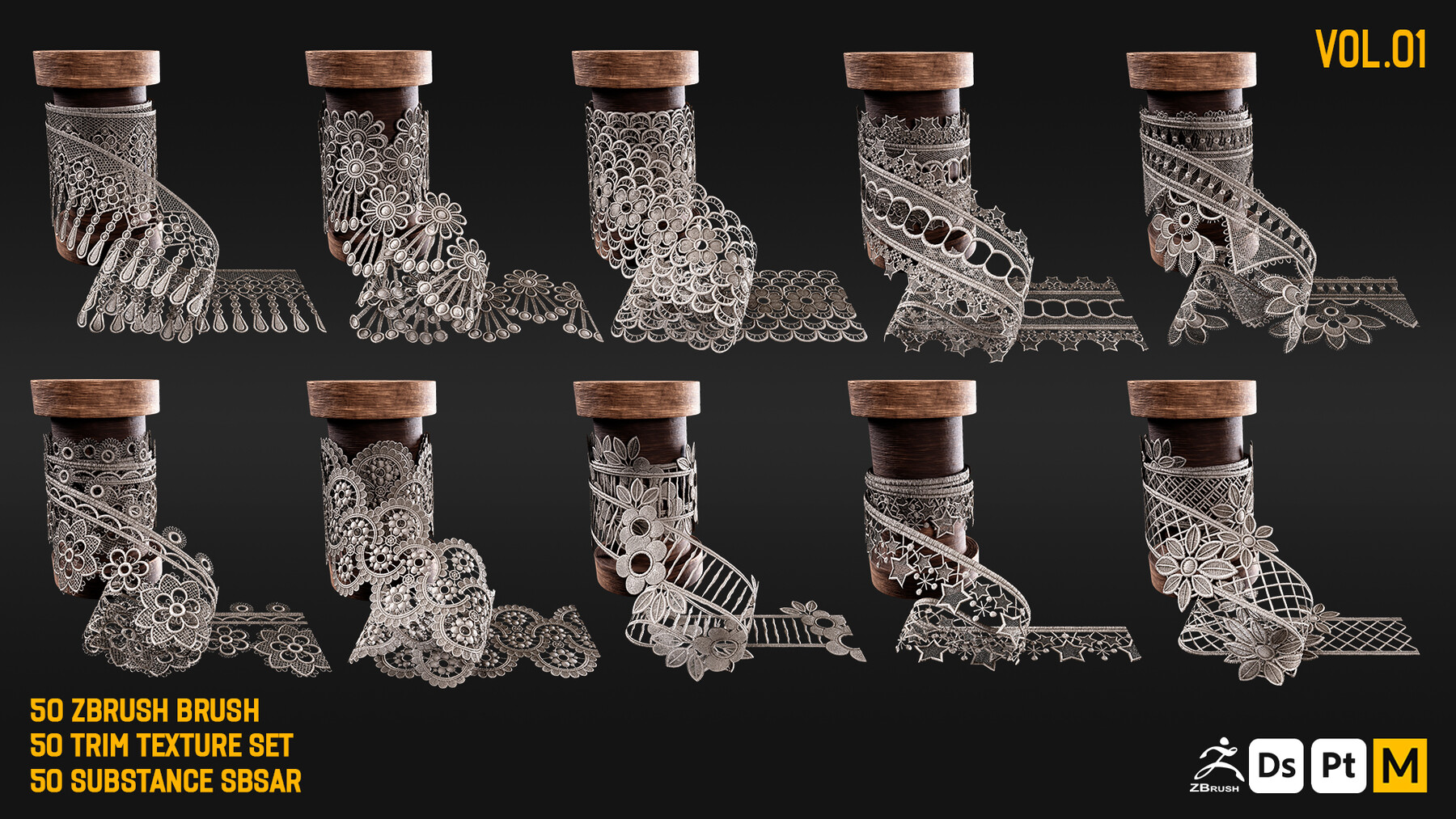 ArtStation - 40 Lace Fabric Trim Texture + SBSR - VOL 04