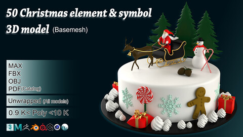 50 Christmas element & symbol 3D model (Basemesh)