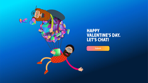 Two cartoon characters are flying in a balloon consisting of colorful hearts