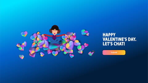 A cartoon girl is sitting on a large number of colored hearts