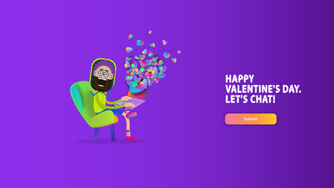 A cartoon guy with glasses with a laptop on his lap and flying colored hearts. Ready-made banner for Valentine's Day.ai