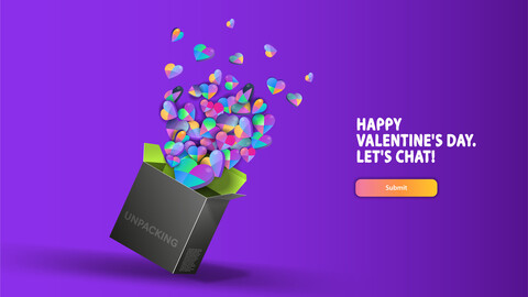 Multicolored hearts fly out of a black box ready-made web banner for Valentine's Day