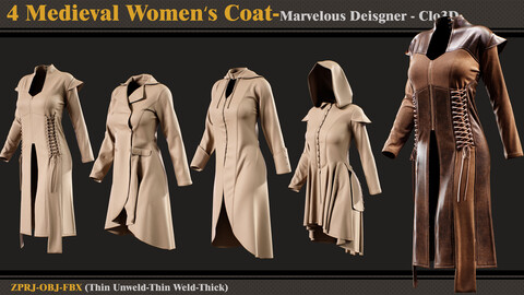 4 Medieval Women's Coat/Marvelous Designer-Clo3D(ZPRJ + FBX + OBJ)